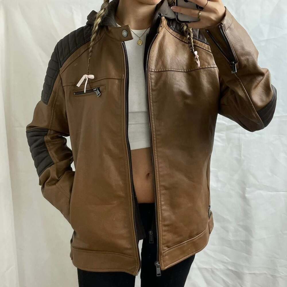 Vintage Y2K Guess Faux Leather Racer Jacket with Removable Hood - Size M